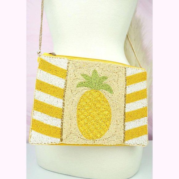 Kaylee Bags Kaylee Yellow Pineapple Beaded Slim Zip Tp Clutch